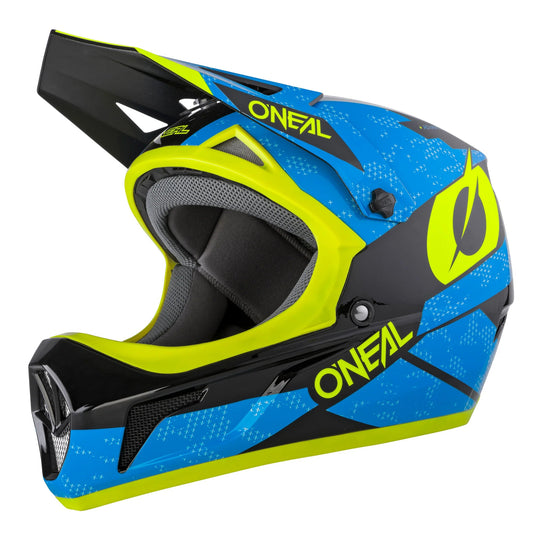 O'Neal SONUS eMOTO helmet in medium size, blue and yellow color, product image showing left side with yellow accents