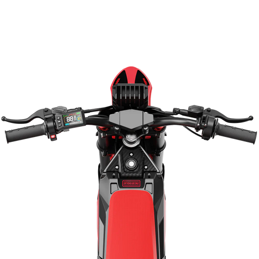 Electric motorcycle eMOTO Yozma IN 10 in black, side view, parked on a white background.