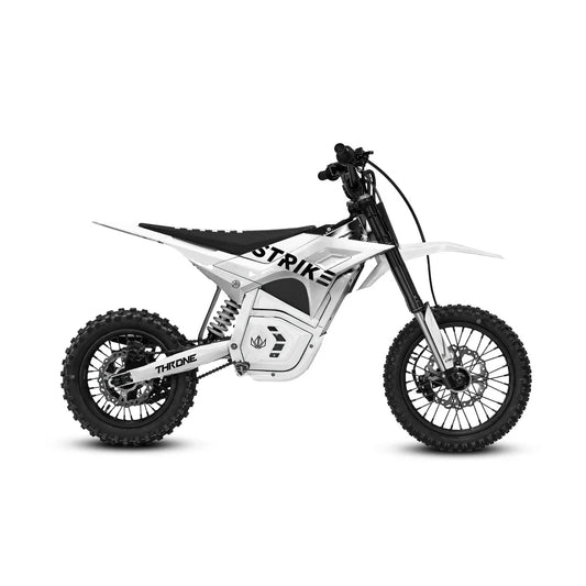 White eMOTO Strike Shadow 48V electric motorcycle, side view, product image for pre-order, available mid May 2026