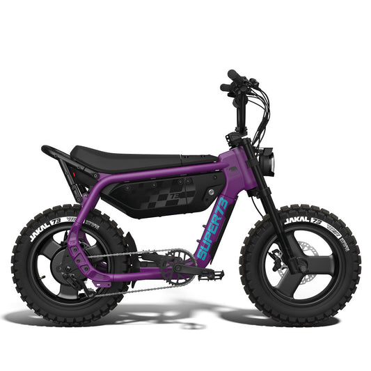 Super73 MZFT eMOTO eBike in Cullenberry color, side view, ready to ride, displayed against a plain background.