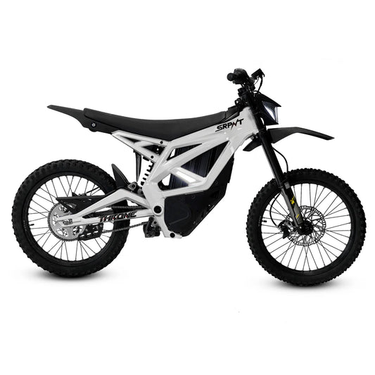 eMOTO Strike SRPNT X3 electric motorcycle in White Savage color, side view, showcasing sleek design and aggressive styling.