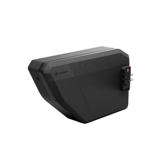 Black Segway Xyber Air Middle Bag attached to the center frame of an electric bike, shown from a side angle against a white background.