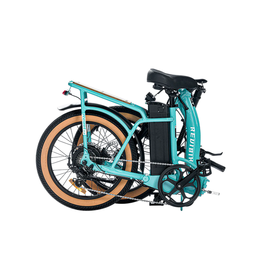Turquoise eBike Revi Rebel.2 electric bicycle, side view, showcasing frame design and features