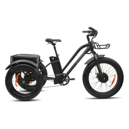 Black Kasen eBike Trike packaged in a box, product image showing 14.5AH and 17.5AH battery options.