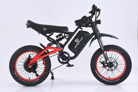 Red eBike Ghostcat F4X side view, showcasing frame design, wheels, and handlebars