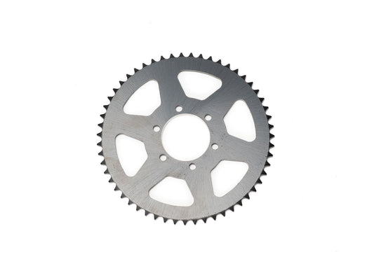 Close-up view of a metal dragster rear sprocket with evenly spaced teeth and multiple bolt holes, designed for high-performance racing applications.