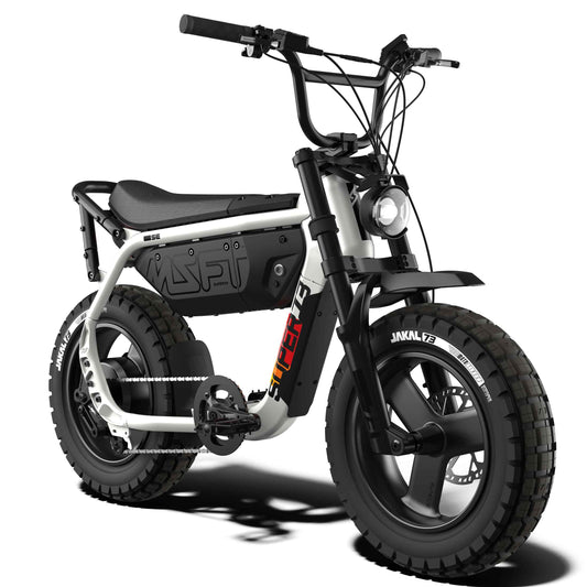 Super73 MZFT SE eMOTO eBike in Baja color, shown inside its original packaging box