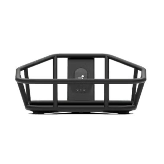 Front view of the Segway eBike front basket accessory attached to an eBike, showing its sturdy metal frame and spacious design for carrying items.