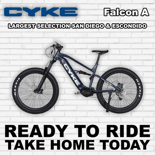 Dark blue eBike Cyke Falcon A electric bicycle, side view, against a plain background.