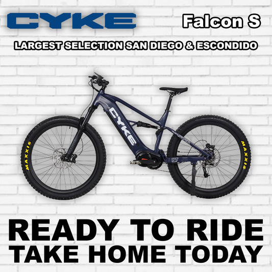Dark blue eBike Cyke Falcon S electric bicycle, side view, against a plain background.