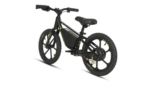 Eunorau EKIDS 16 electric micro ebike, 180W motor, 16x2 road tires, side view, black frame, product image