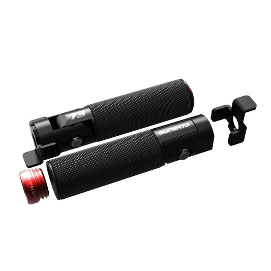 Red eBike foot pegs designed for Super73, displayed on a white background.