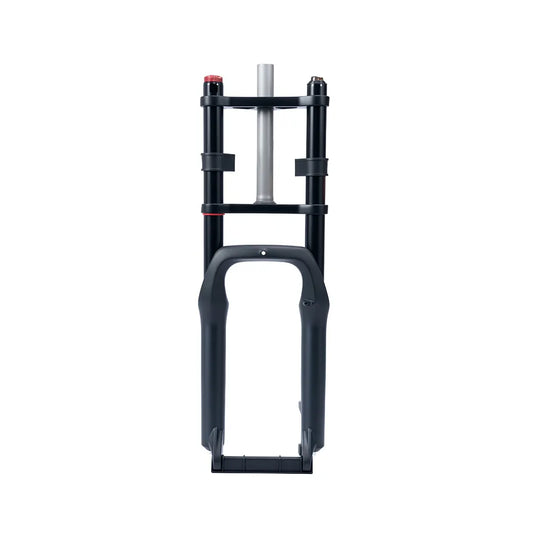 Front view of the Macfox X1S eBike fork showing suspension components and black finish.