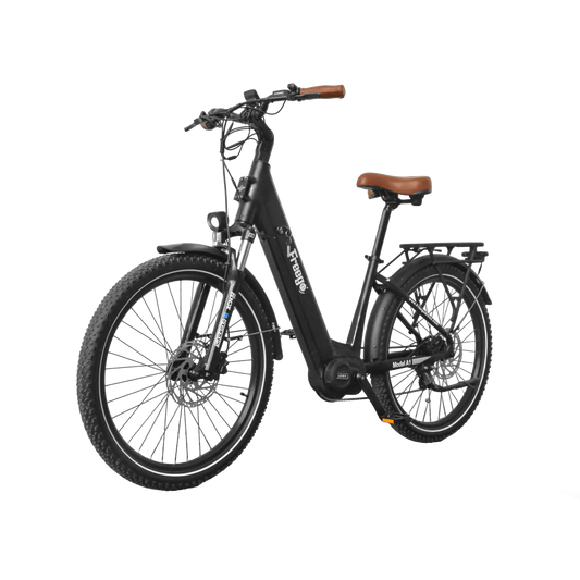 A black Freego City Flow A1 eBike with a step-through frame, front basket, and rear rack, displayed on a white background.