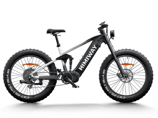 Black and white gradient Himiway D7 eBike side view showcasing frame, wheels, and battery