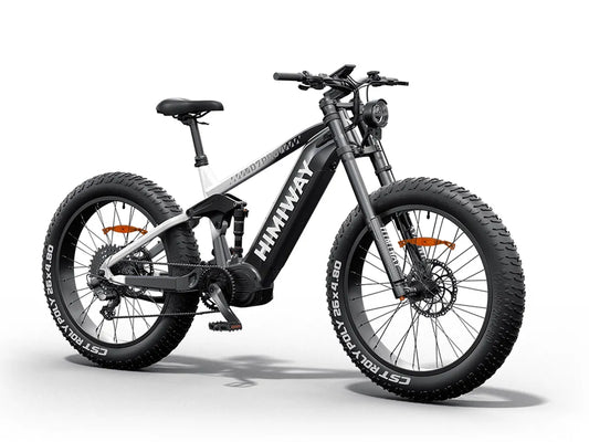 Himiway D7 electric bike in black and white gradient color, side view, showcasing frame design and large tires