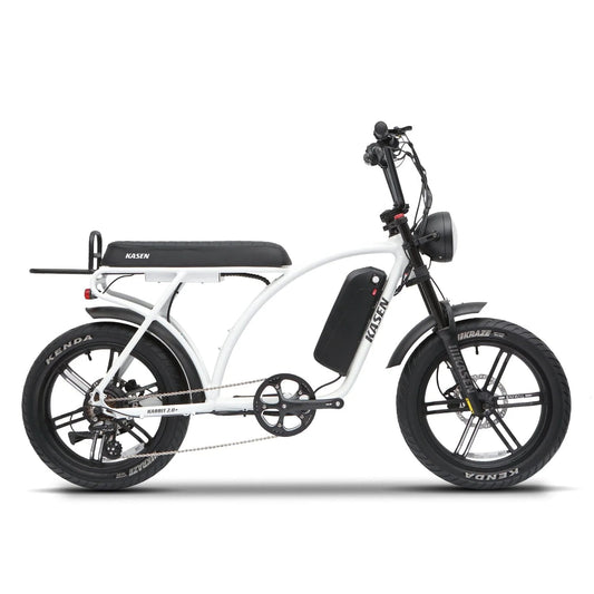 White Kasen Kabbit 2.0 Plus eBike in a box, showing 15AH and 20AH battery options, product image.