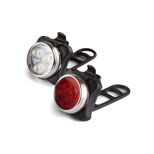 Wireless and rechargeable eBike light set, featuring a front and rear light with compact, modern design, shown mounted on a bicycle handlebar and seat post.