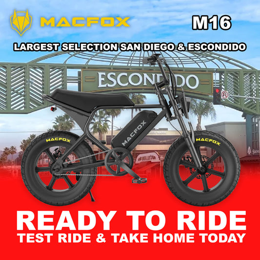 Black Macfox M16 eBike side view, displayed against a white background