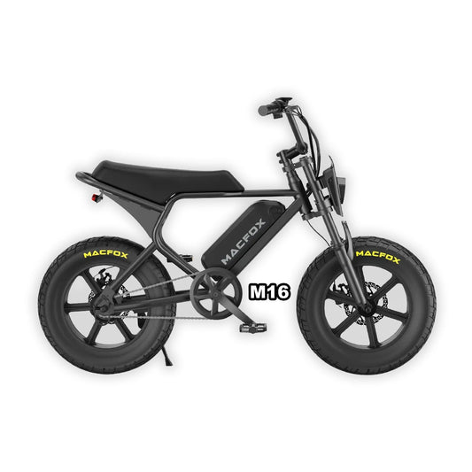 Black Macfox M16 X7 Mini eBike in box, product image showing the bike packaged in its original packaging.
