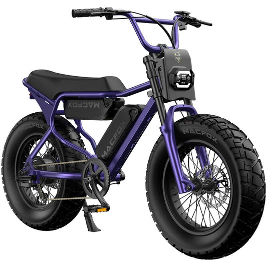 Macfox X7 electric bike in dual nebula purple color, side view, showcasing thick tires, front suspension, and sleek frame design.