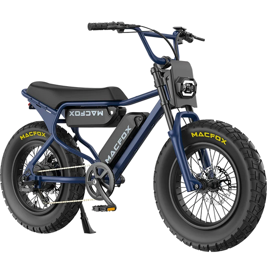 Navy blue Macfox X7 eBike with dual battery, side view, displayed against a white background.