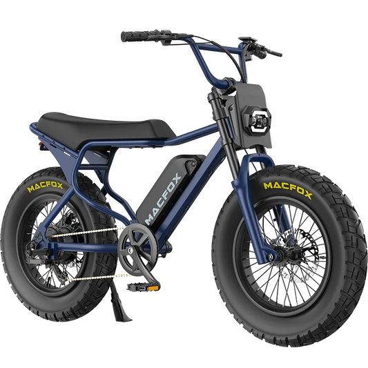Navy blue Macfox X7 eBike with single battery, side view, product image