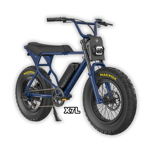 Navy blue Macfox X7L eBike in its box, product image showing the bike packaged for delivery.