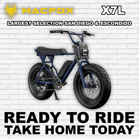 Navy blue Macfox X7L eBike side view with R2R branding, displayed on a white background.