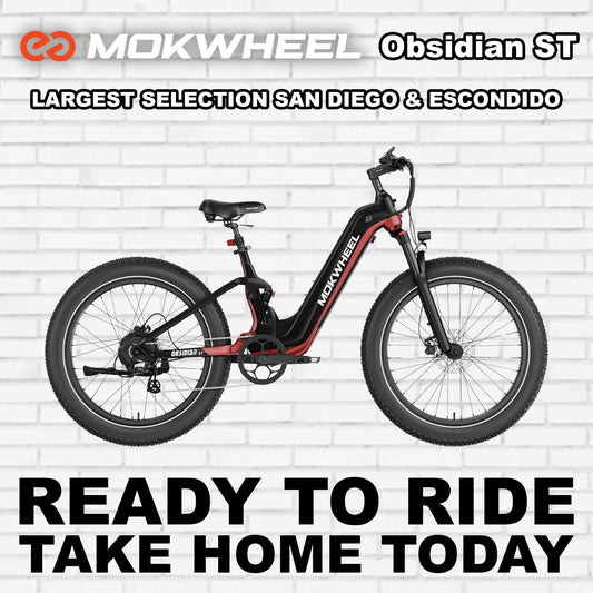 Mokwheel Obsidian ST eBike in black and red, side view, against a white background