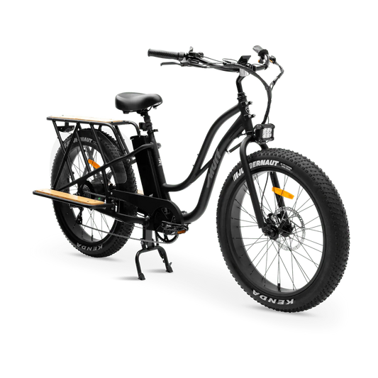 Black eBike MURF Alpha Cargo Fat Tire Beach Cruiser with 52v battery, side view, on white background