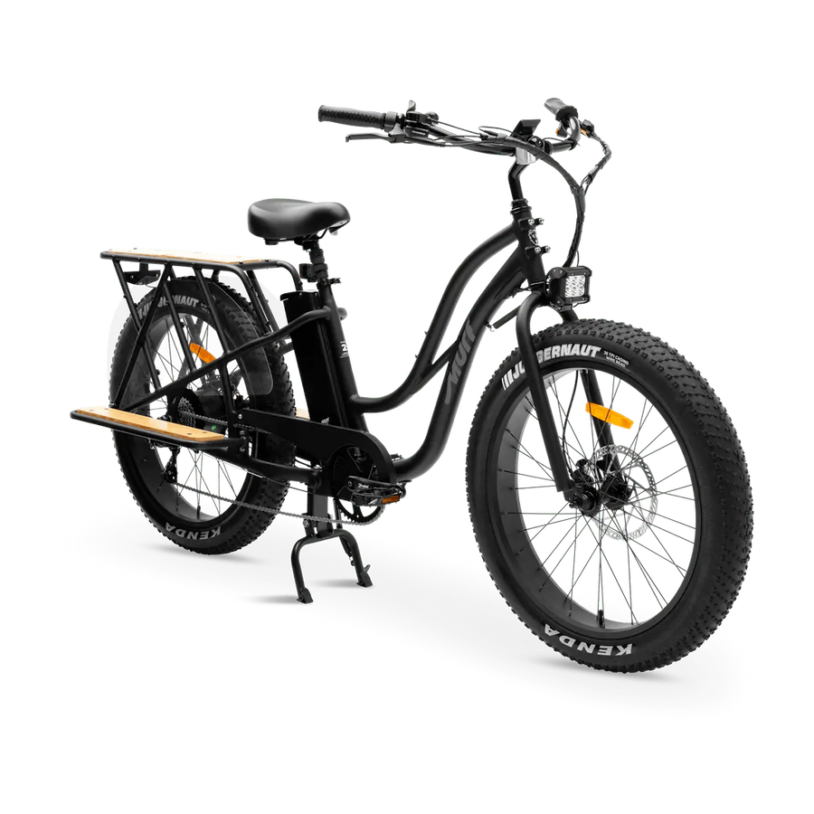Black eBike MURF Alpha Cargo Fat Tire Beach Cruiser with 52v battery, side view, on white background
