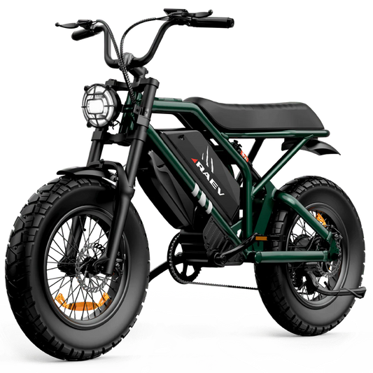 Metallic green Raev Bullet GTX eBike, side view, showcasing sleek frame and modern design
