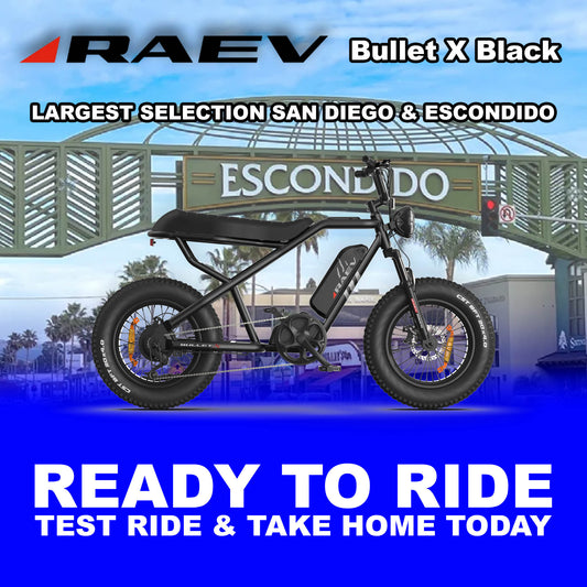 Raev Bullet X eBike in metallic black, side view, photographed outdoors in Escondido