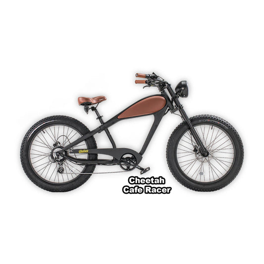 eBike Revi Cheetah Cafe Racer in black and brown, displayed in its box