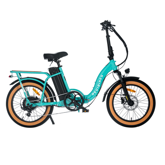Turquoise eBike Revi Rebel.2 electric bicycle, side view, showcasing frame design and features