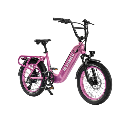 Pink eBike Revi Runabout.2 electric bicycle, side view, against a white background