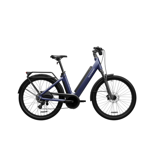 Blue suede shoe designed for eBike Segway Myon, side view, product image on white background