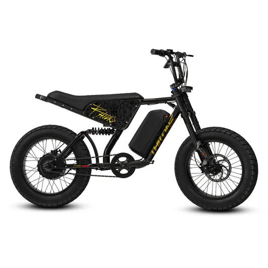 Black and gold eBike Strike Rhino AT7 electric bicycle, side view, on a white background