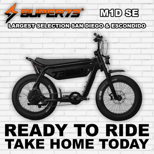 Super73 M1D SE electric bike in R2R Blackout color, side view, black frame with minimalist design, thick tires, and integrated battery.
