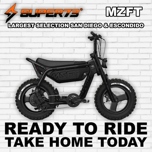 Super73 MZFT SE eBike in R2R Blackout color, side view, sleek black frame with thick tires and minimalist design