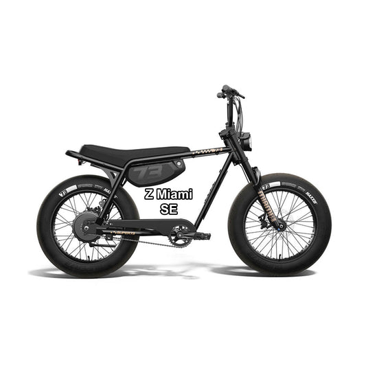 Black Super73 Z Miami eBike in its original packaging box, displayed against a plain background.