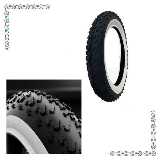 26-inch by 4-inch black knobby fat tire with white wall, designed for electric bikes, product image showing tread and sidewall details.