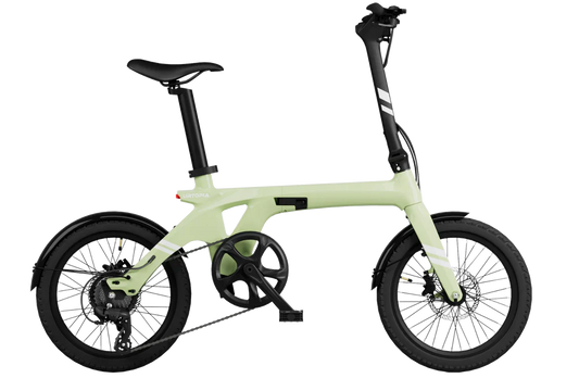 Lime green Urtopia Carbon Fold 1 eBike, folded, side view, against a plain background