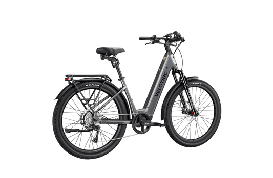 Stone gray Velotric Discover 3 eBike side view, showcasing sleek frame design and integrated battery