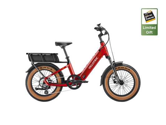 Velotric GoMad eBike in Dark Amber color, side view, showcasing its sturdy frame, thick tires, and integrated battery design.