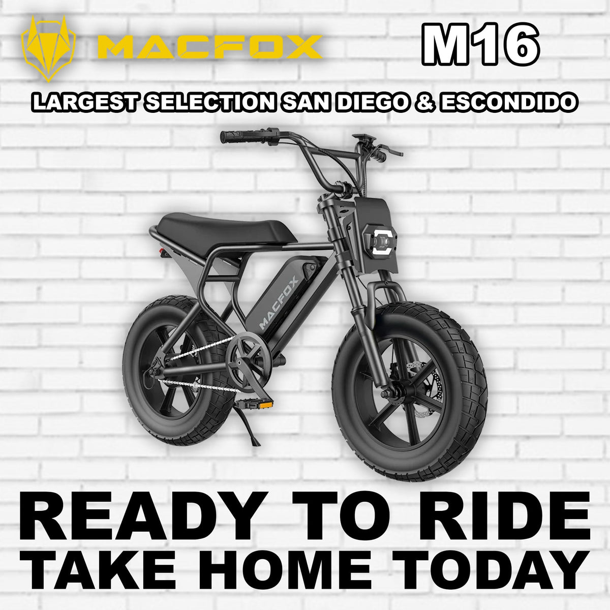 Black Macfox M16 electric bike side view, showcasing rugged frame, thick tires, and minimalist design against a plain background.