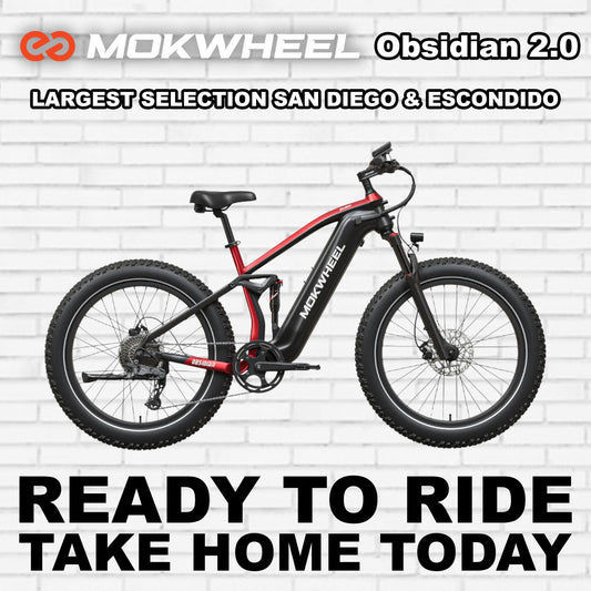 Black and red Mokwheel Obsidian 2.0 electric bike, side view, against a white background.