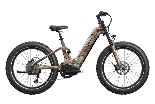 Electric bike Mokwheel Onyx ST in Desert Camo color, side view, displayed on a white background.