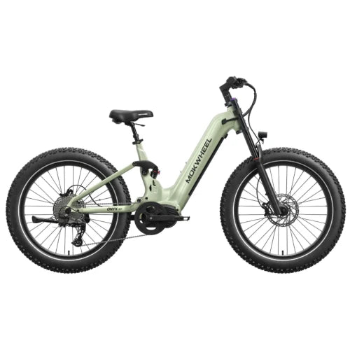 Mint green Mokwheel Onyx ST electric bike, side view, against a white background.